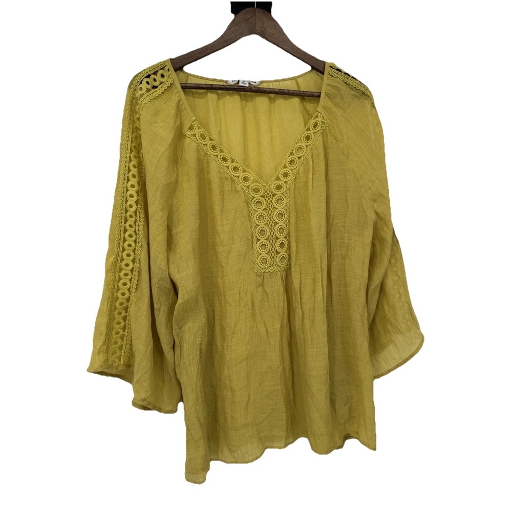 Zac & Rachel 3/4 Sleeve Boho Yellow Crochet Crinkle 2X Gauzy Beachy Spring